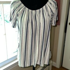 W5 rayon blend  blue/tan striped top. Size medium.EUC.